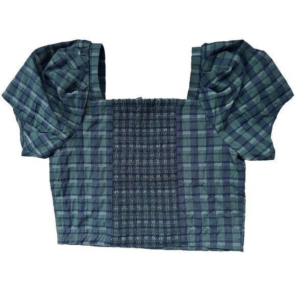 Madewell Hopewell Puff-Sleeve Crop Top Women Green Blue Plaid Blouse Size Small - Picture 3 of 4
